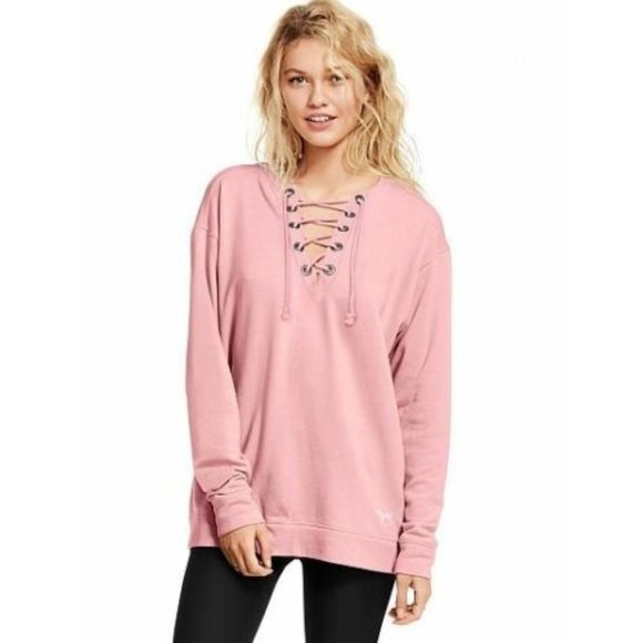 PINK Lace Up Campus Crew Sweatshirt - Picture 3 of 6